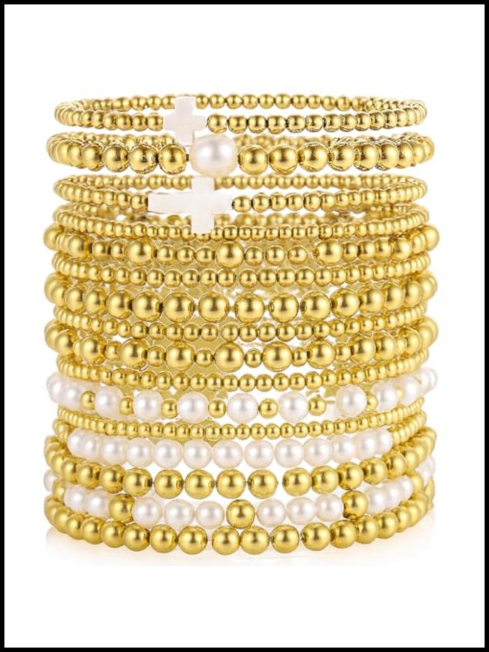 16PC Gold Plated Bead & Pearl Stretch Bracelet Set Stackable